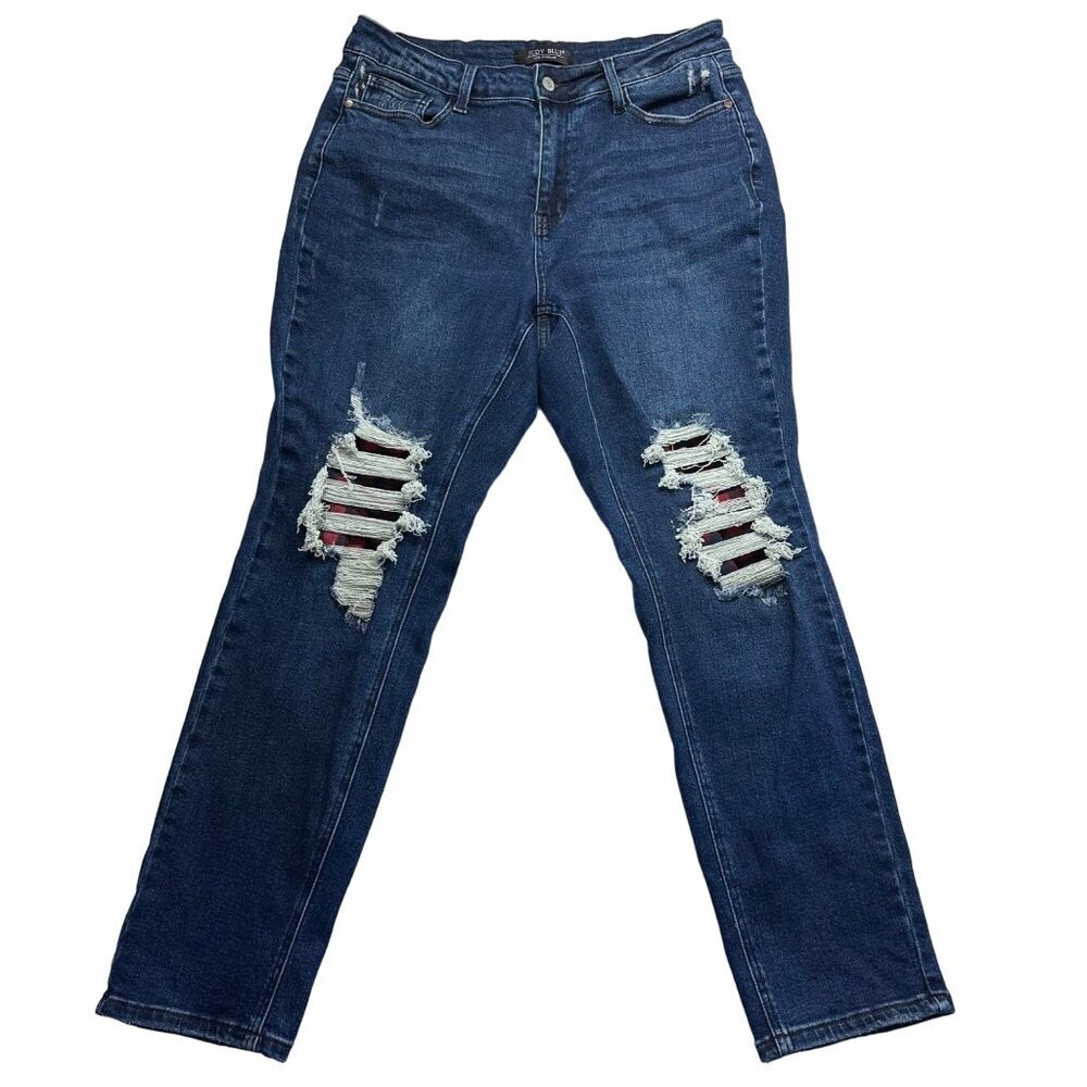 Judy Blue Womens Mid Rise Buffalo Plaid Distressed Jeans Size 14W Stretch Ankle